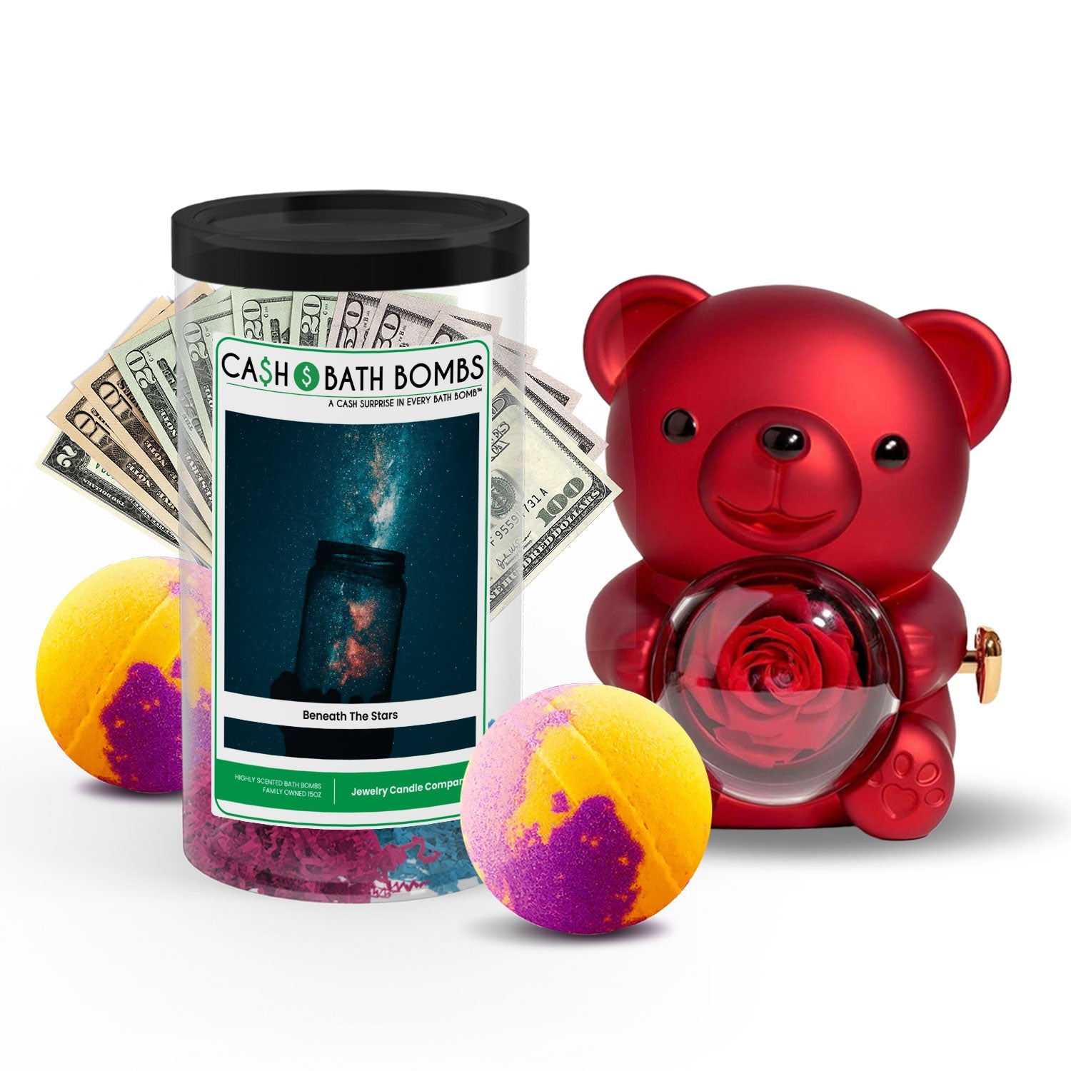 Rose Cash Surprise Bear + Jumbo Cash Bath Bomb 2 Pack – Beneath the Stars