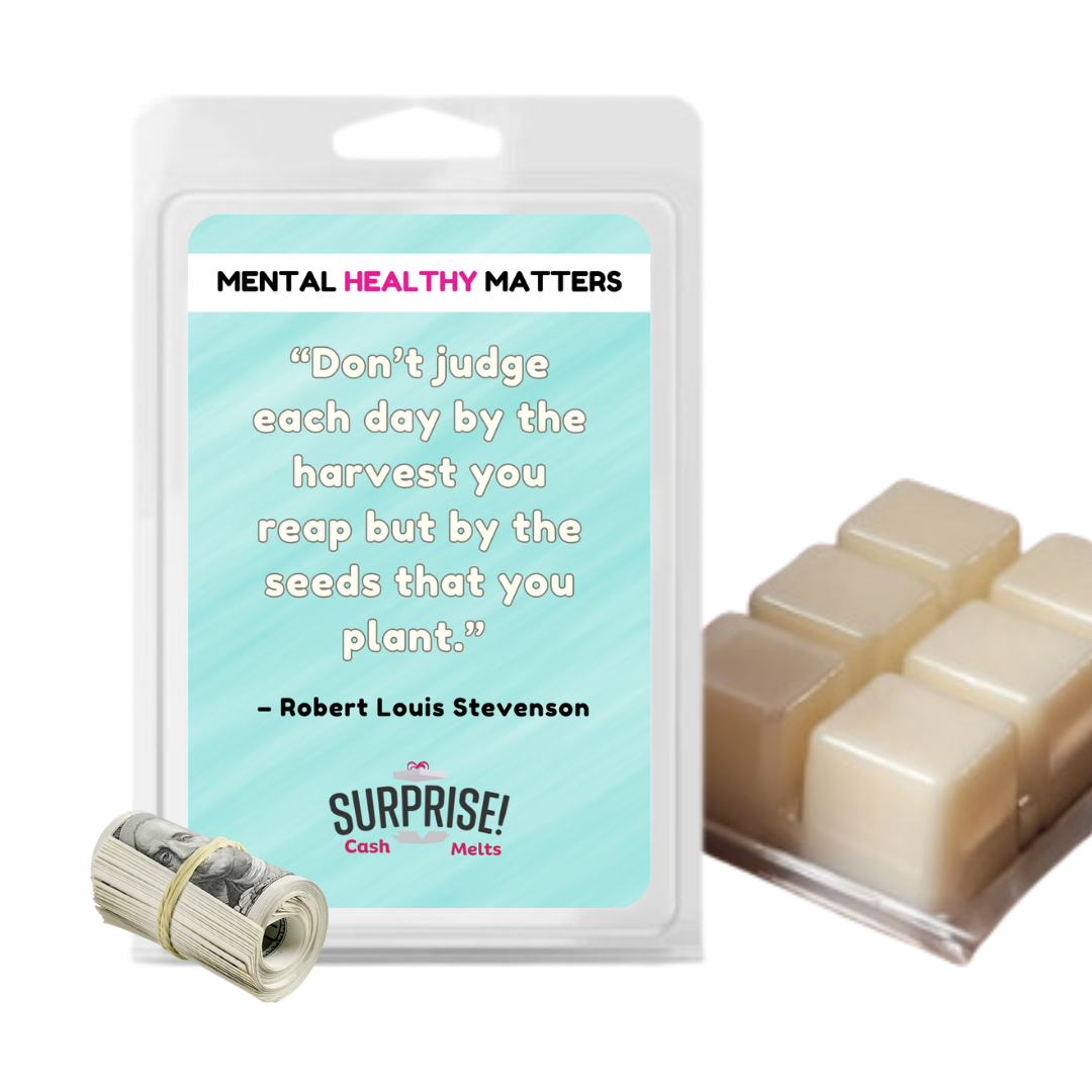 DON'T JUDGE EACH DAY BY THE HARVEST YOU REAP BUT BY THE SEEDS THAT YOU PLANT -  ROBERT LOUIS STEVENSON | MENTAL HEALTH CASH WAX MELTS