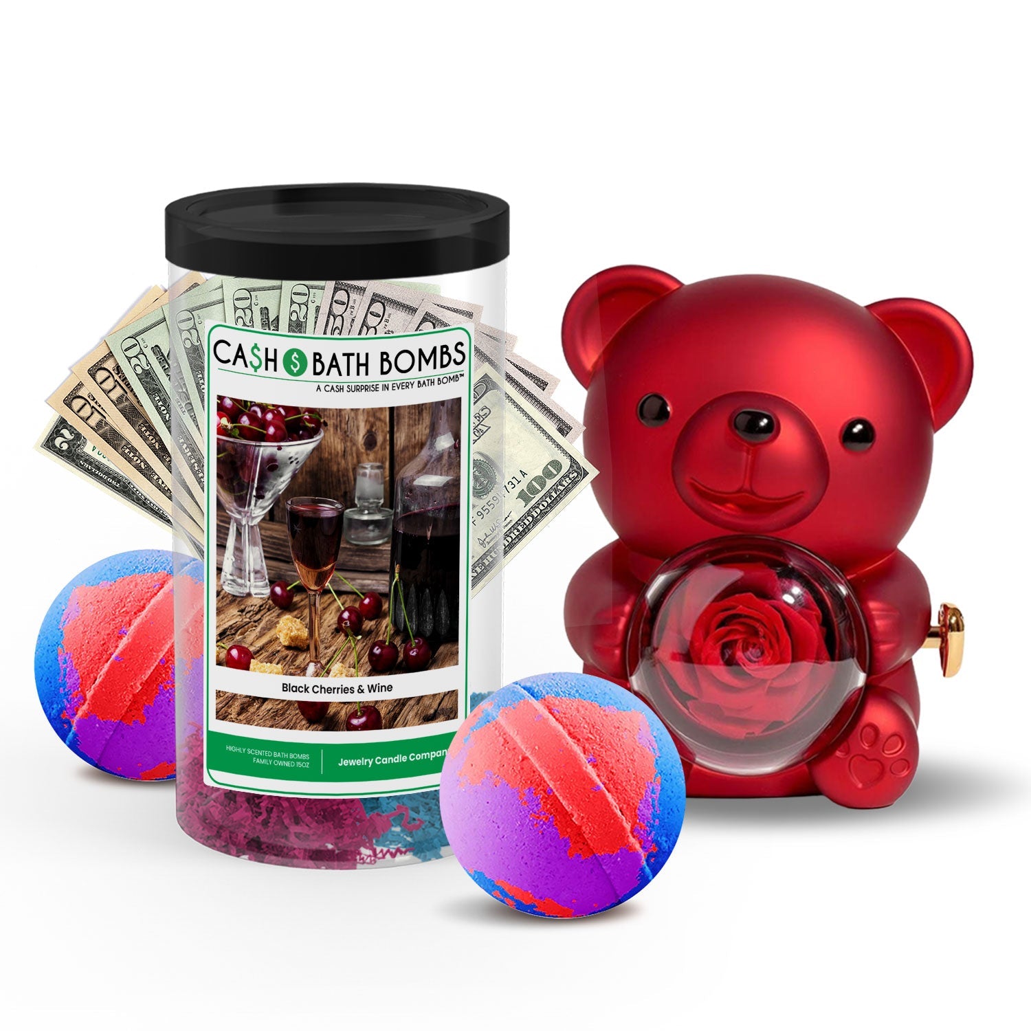 Rose Cash Surprise Bear + Jumbo Cash Bath Bomb 2 Pack – Black Cherries and Wine
