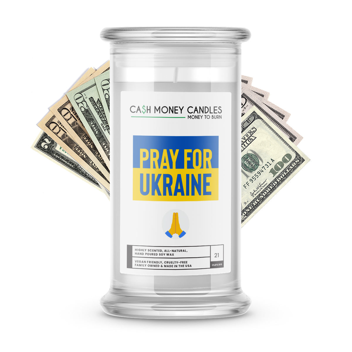 Pray For Ukraine Cash Money Candle